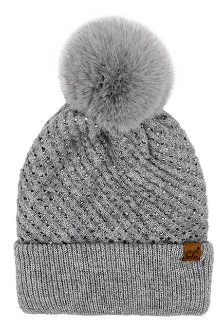 C.C Allover Rhinestone Pom Beanie: Gray