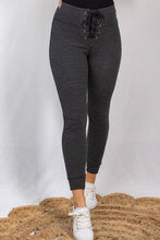 High Waisted Fleece Lined Lace Up Leggings: Black