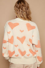 Butter Milk Coral V Neck Balloon Sleeve Heart POL Sweater 11/17/24 9311