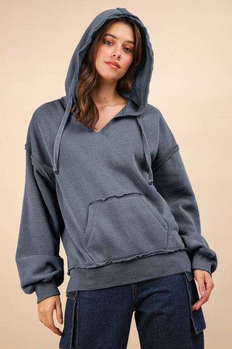 Denim Oversized Brushed French Terry Knit Hoodie Top