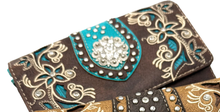 Rhinestone Concho Floral Crossbody Wallet: Brown