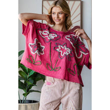 Fuchsia Washed Flower Applique Short Sleeve Knit Oli+Hali Top