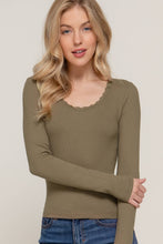 Long Sleeve Scoop Neck with Lace Trim Rib Knit Top: Army Olive