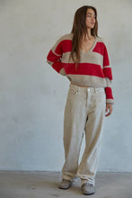 Knit Sweater Nylon Polyester Striped V-Neck Pullover: Red Taupe