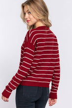 Dark Red Ivory Long Sleeve with Buttoned Placket Stripe Sweater