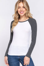 Long Raglan Sleeve Color Block Thermal Knit Top: White Charcoal Grey