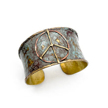 Brass Patina Cuff Bracelet - Rustic Blue Peace Sign