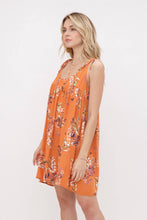 Floral Swing Mini Dress w/ Shoulder Tie Straps: Rust