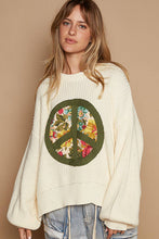 Round neck balloon sleeve floral peace patch sweater: Cream