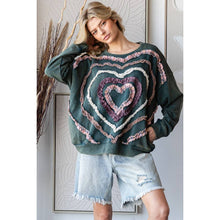 Washed Heart Patchwork Detail Pullover Knit Top: Green