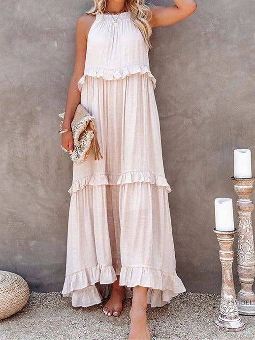 Ladies Bohemian Round Neck Plicated Daily Maxi Dress Apricot