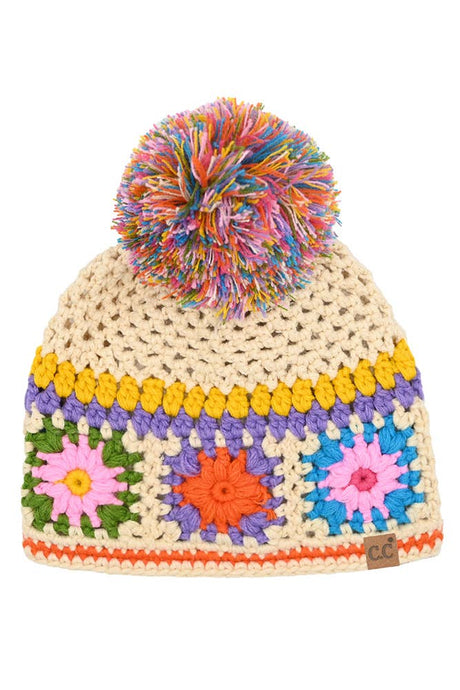 C.C Hand Made Crochet Pom Beanie Winter Hat: Beige