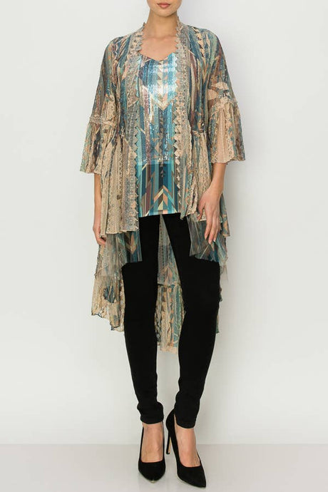 Taupe Turquoise All Lace Sheer Cardigan