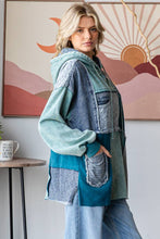 Washed Denim Patchwork Hoodie: Teal Blue