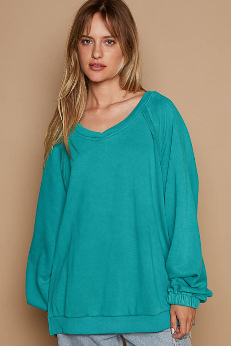 Back Cross Strap Details Balloon Sleeve Sweatshirt Top: Evergreen