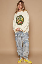 Round neck balloon sleeve floral peace patch sweater: Cream