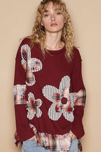 Round neck long sleeve plaid floral print top: Burgundy