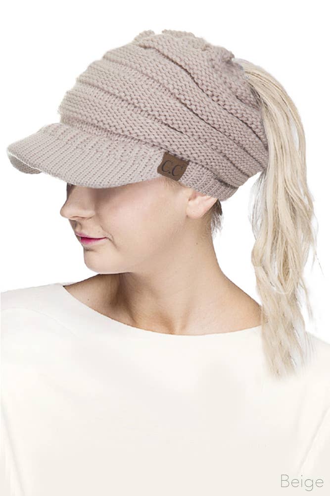 C.C Knit Brim Messy Bun Ponytail Beanie: Beige