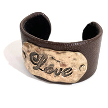 Love Engraved Leather Cuff Bracelet: Brown