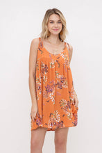 Floral Swing Mini Dress w/ Shoulder Tie Straps: Rust