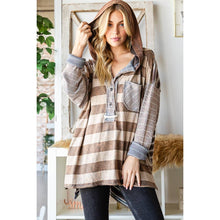 Washed Button Up Hooded Striped Knit Top: Dusty Grey