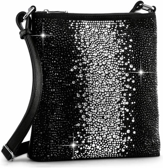 Glamorous Rhinestone Design Crossbody Sling: Black