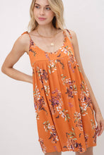 Floral Swing Mini Dress w/ Shoulder Tie Straps: Rust