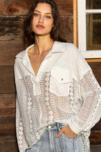 Collared contrast ribbed panel lace crochet chest pocket POL top: Off White