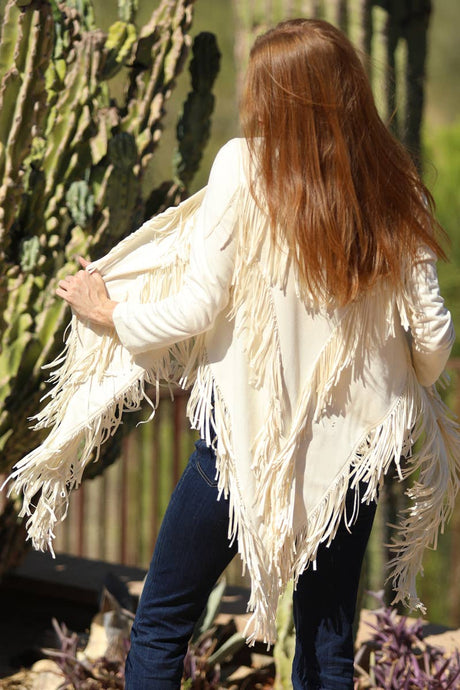 Cream Faux Suede Fringe Jacket