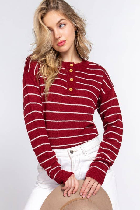 Dark Red Ivory Long Sleeve with Buttoned Placket Stripe Sweater