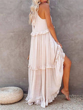 Ladies Bohemian Round Neck Plicated Daily Maxi Dress Apricot