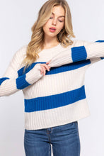 Cream Teal Blue Long Sleeve Round Neck Stripe Sweater