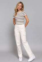 Short Sleeve Crew Neck Y/D Stripe Knit Crop Top: Off White Natural Tan