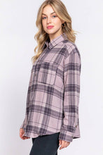 Long Sleeve Notched Collar Plaid Shirt: Mauve Purple