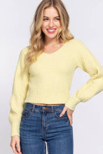 Long Puff Sleeve V-neck Rib Sweater Top: Lemon