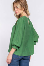 3/4 Sleeve Front Crochet Lace Panel Woven Top: Green