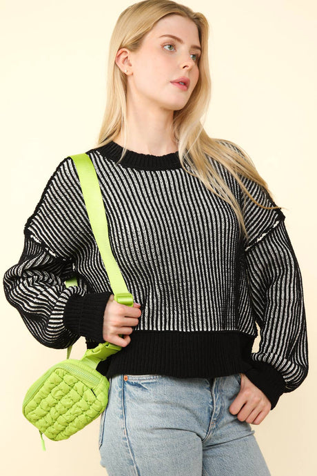 Black Two Tone Striped Casual Stripe Sweater Top