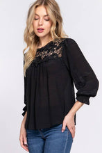 3/4 Sleeve Front Crochet Lace Panel Woven Top: Black