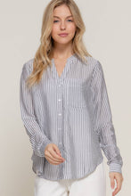 Black Long Sleeve Split Round Neck Button Down Stripe Woven Shirt