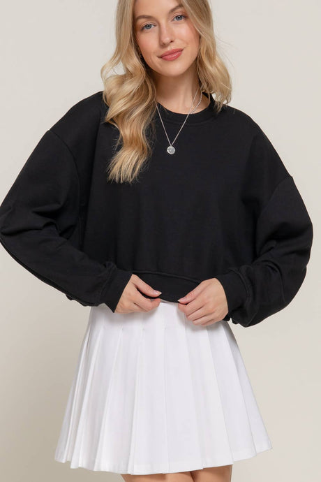 Black Long Sleeve Crew Neck Short Sweatshirt