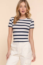 Off White Navy Short Sleeve Crew Neck Y/D Stripe Knit Crop Top