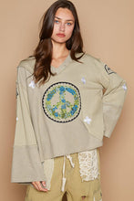 V neck long sleeve peace embroidery back ruffle POL top: Wheat Grass