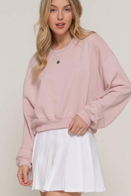 Beige Pink Long Sleeve Crew Neck Short Sweatshirt