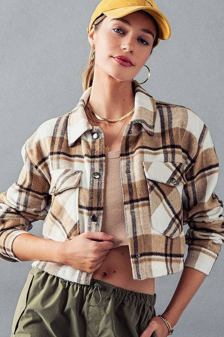 Camel Bella Snap Button Plaid Crop Urban Daizy Jacket