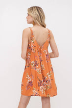 Floral Swing Mini Dress w/ Shoulder Tie Straps: Rust