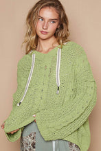 Oversize fit v-neck hooded cable knit chenille sweater: Pear Green