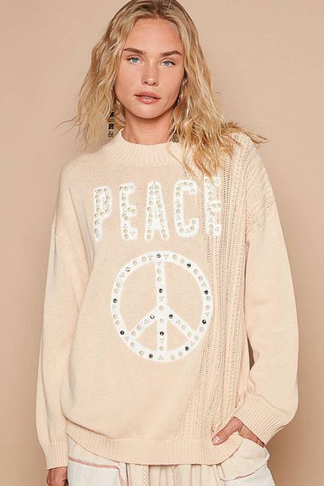 POL Beige Round neck peace patch with pearl stud sweater