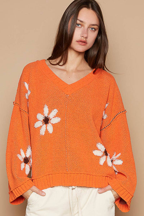 V-neck berber floral pattern chenille pullover sweater: Orange