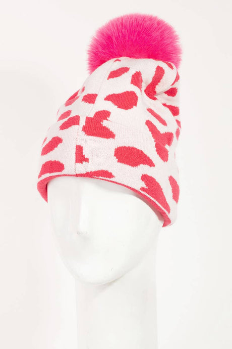 Cow Print Beanie: Fuchsia