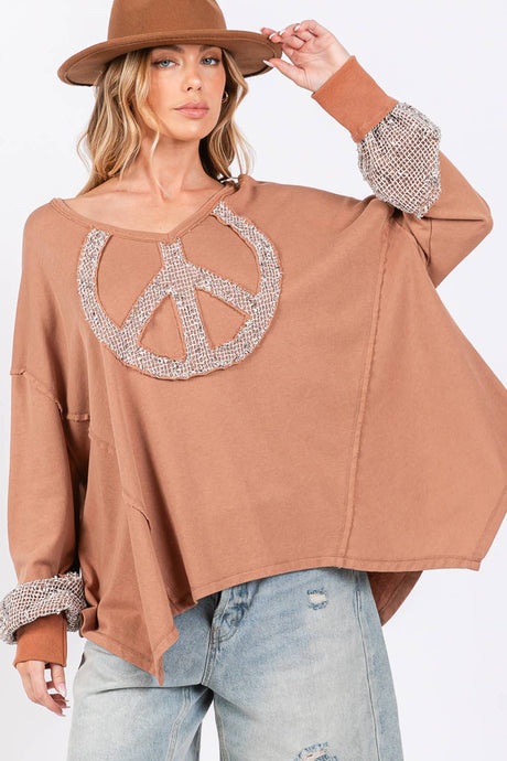 Peace Sign Mineral Wash Terry Sage + Fig Shirt: Camel